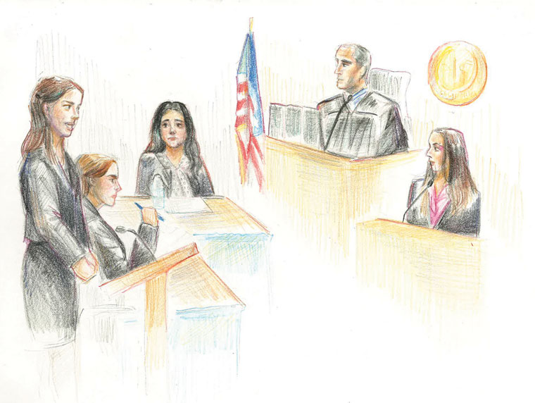 Courtroom drawing showing judge, a person on the stand being questioned by lawyer.