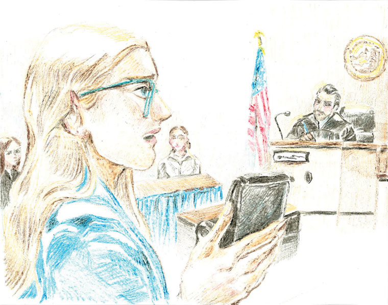Lawyer in the foreground holding a phone with the judge in the background listening intently.